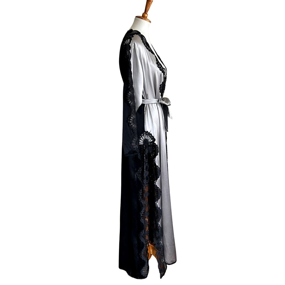 Vintage Fernando Sanchez Silk Lace Robe Pewter Gray Black - Picture 5 of 10